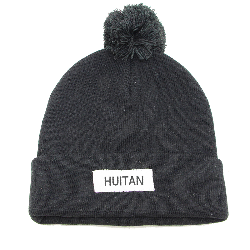 Jacquard Woven Label Knitted Cap, Flanged Plush Ball Beanies