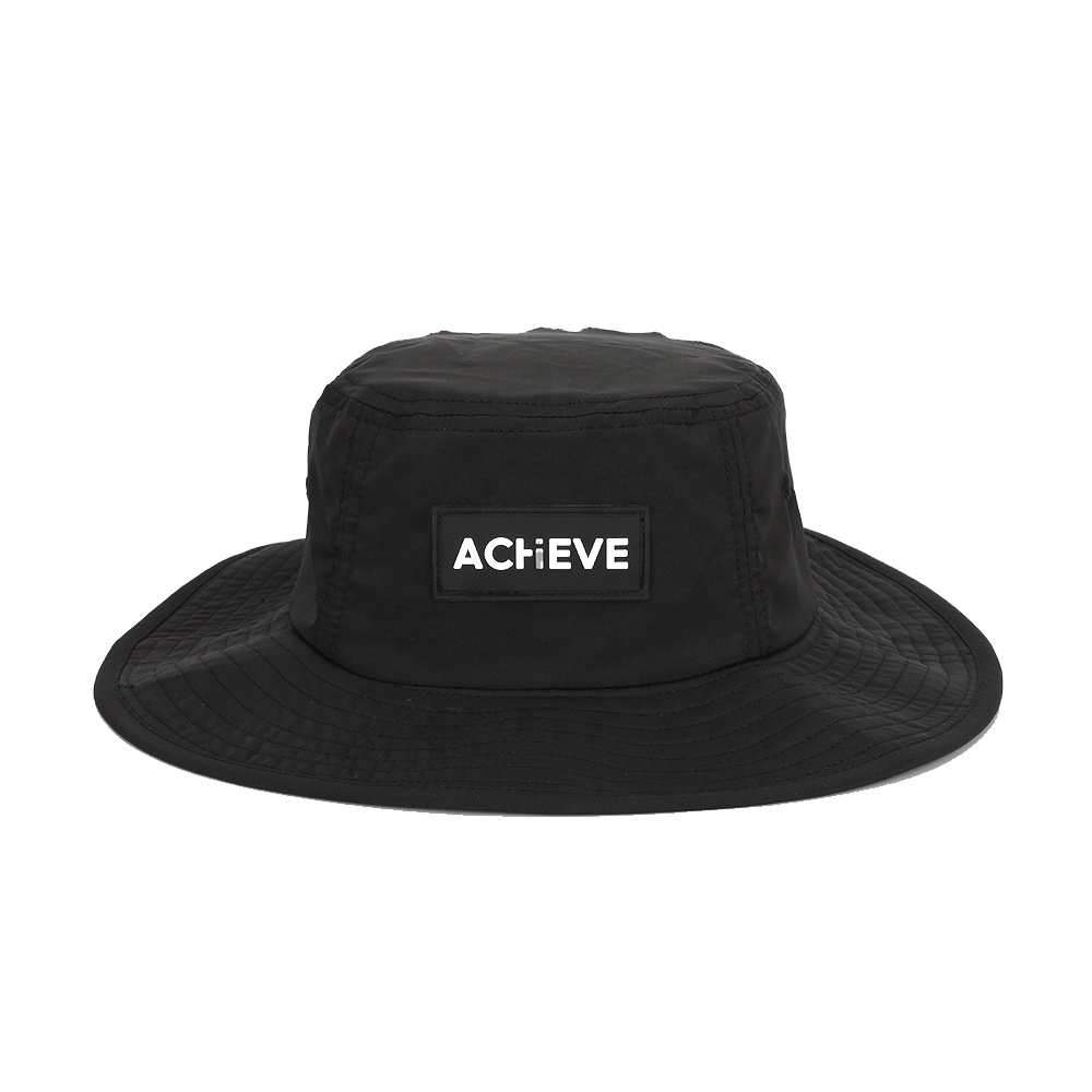 Rubber Logo Quick Dry Black Polyester ,Sun Shade Beach Cap,Fisherman Wide Brim String Bucket Hat